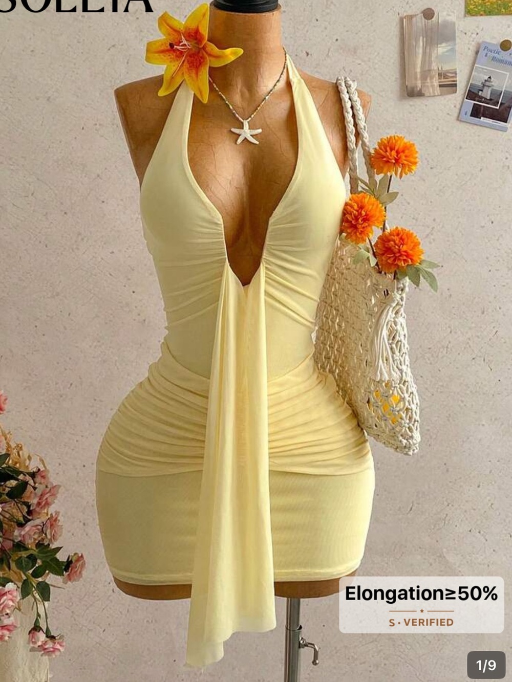 SHEIN Pale Yellow Halter Plunge Mini Dress